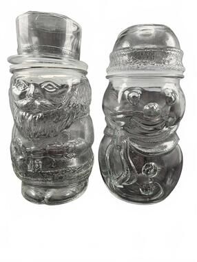 Vintage Waccamaw Santa & Snowman Glass Cookie Canister Jar Set Canada 8"